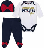 NFL New England Patriots Girls 3 Pack Bodysuit Footed Pant & Cap Set 6-9 Month
