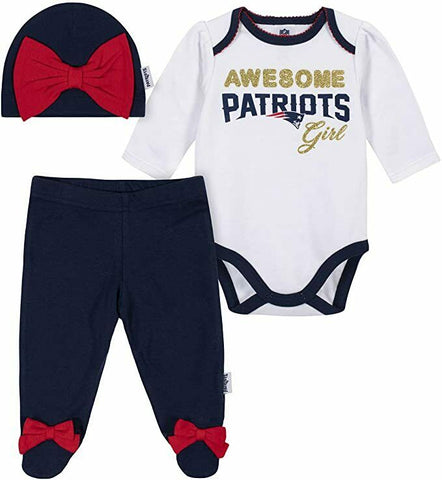 NFL New England Patriots Girls 3 Pack Bodysuit Footed Pant & Cap Set 6-9 Month