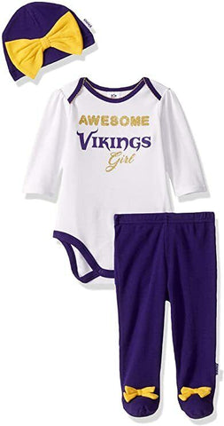NFL Minnesota Vikings Girls 3 Pack Bodysuit Footed Pant & Cap Set 3-6 Month