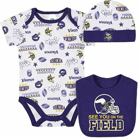NFL Minnesota Vikings Infant Bodysuit Cap And Bib 3-6 Month